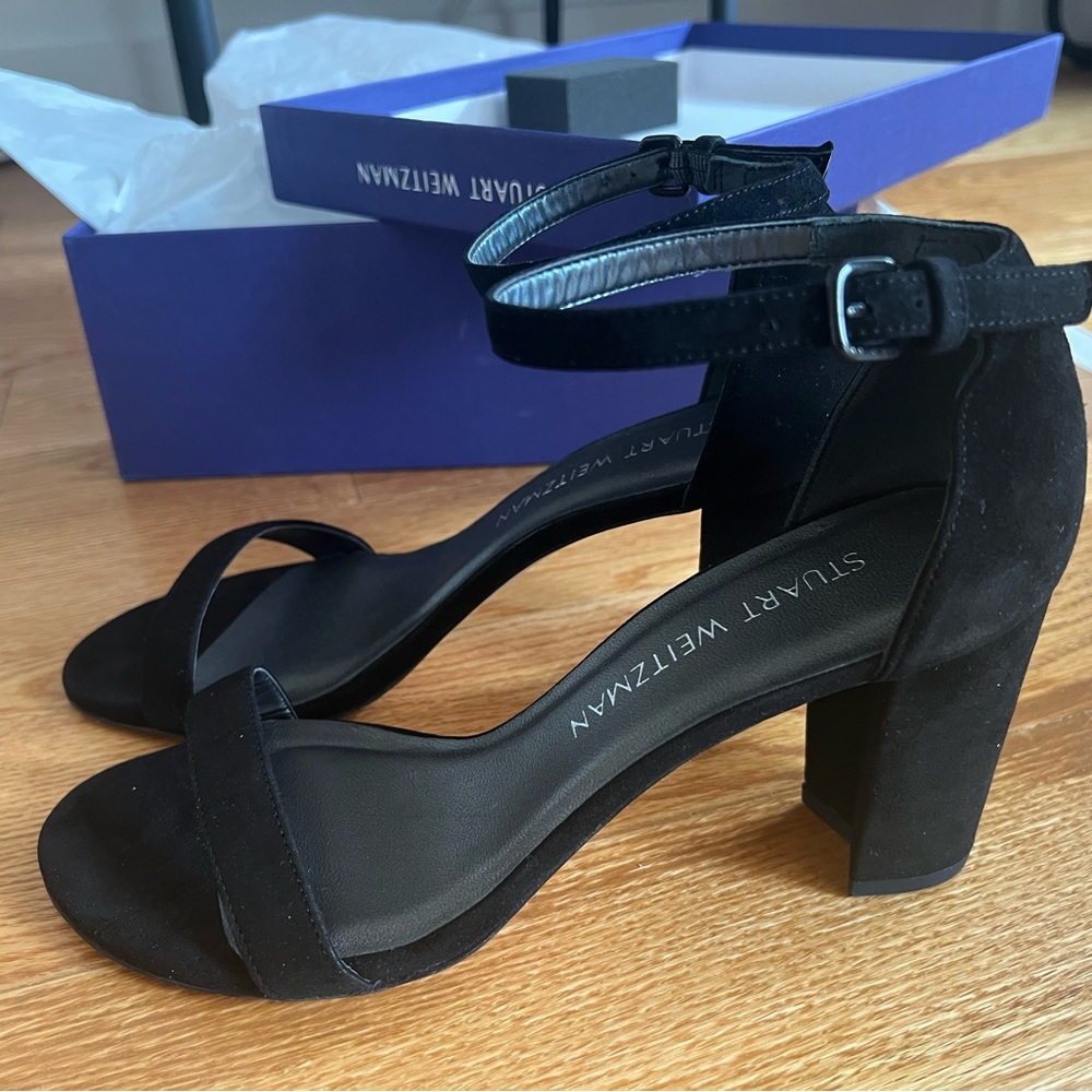 Stuart Weitzman nearly nude black suede high heel sandal